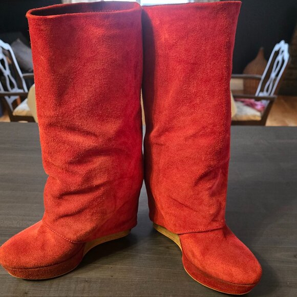 Red Slouchy Foldover Italian Suede Boots Size 8 - Picture 4 of 8